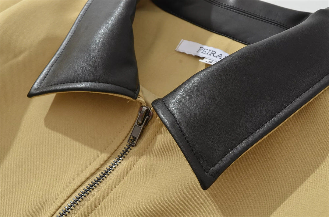 Retro Contrast Lapel Faux Leather Waist-Sculpting Biker Jacket with Zipper Detail