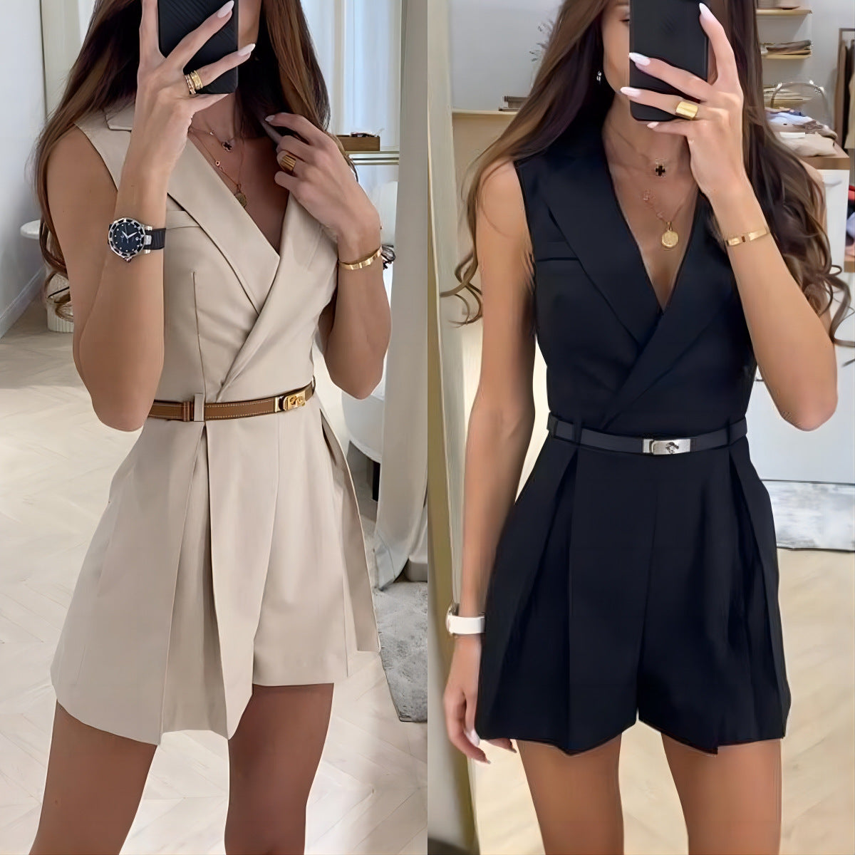 Elegant Sleeveless Tailored Romper - Women's Chic Blazer Jumpsuit