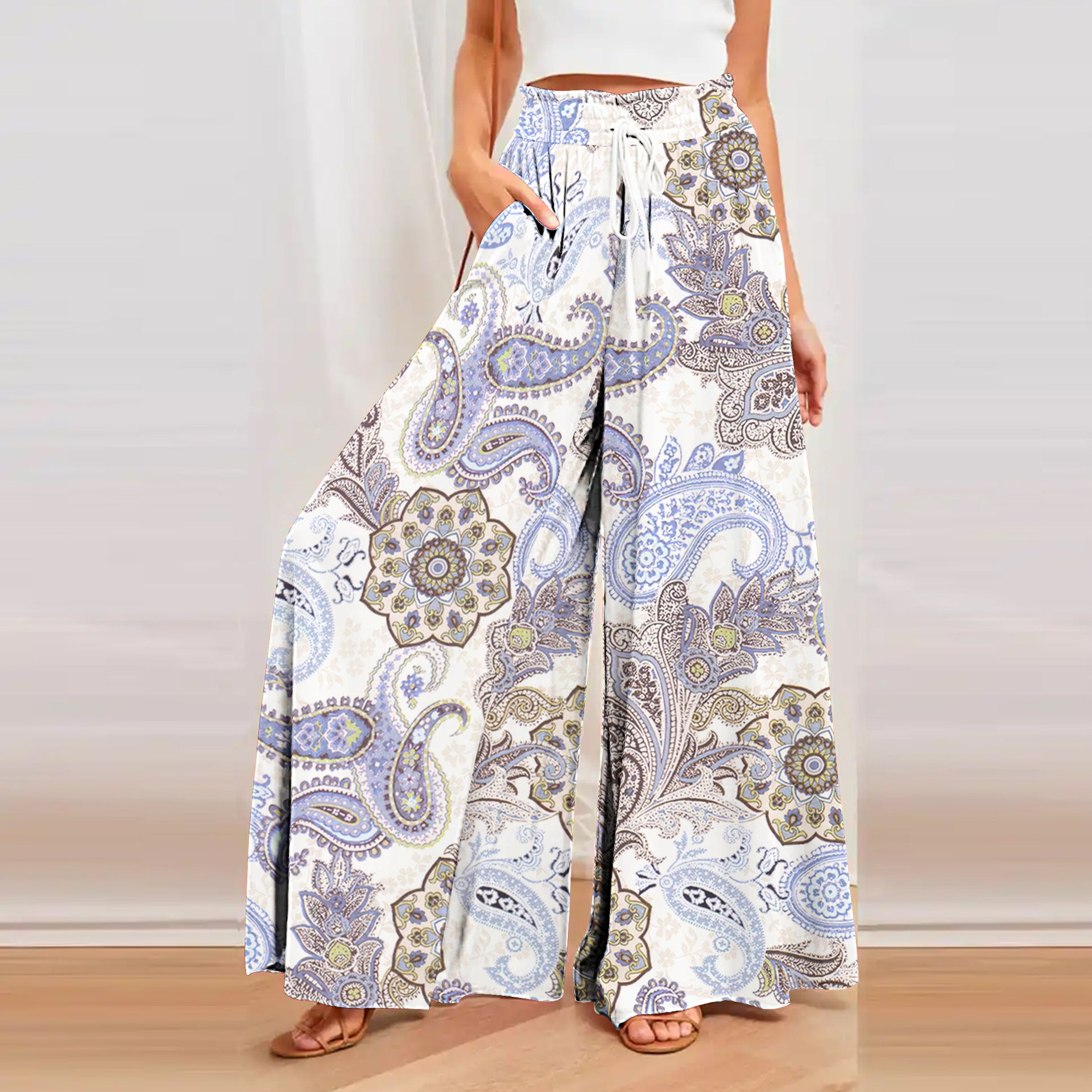 Bohemian Printed Wide Leg Hemp Culottes - Relaxed Fit