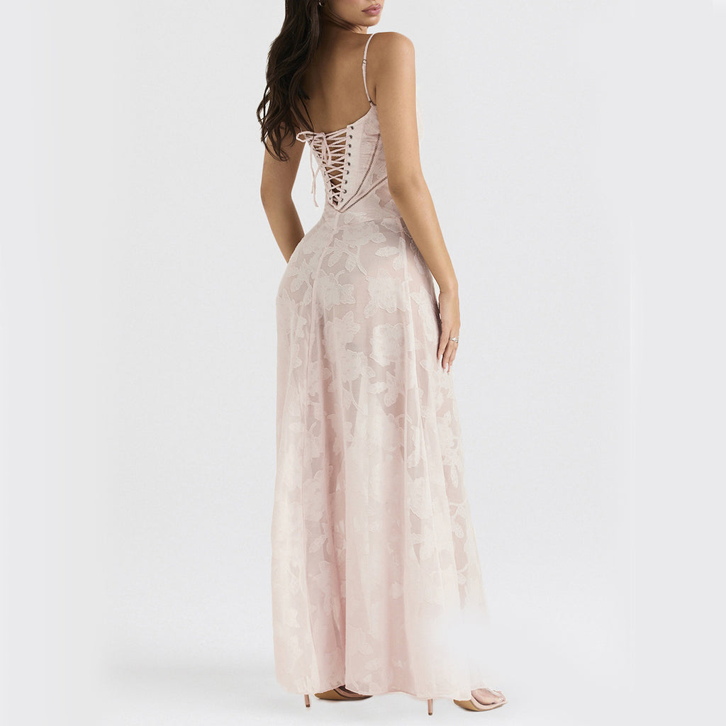 Elegant Floral Lace Maxi Dress with Suspender & Tie-Back Detail