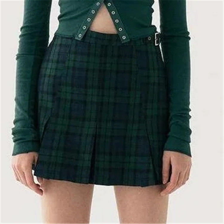 Classic Green Plaid Pleated Mini Skirt British College Style