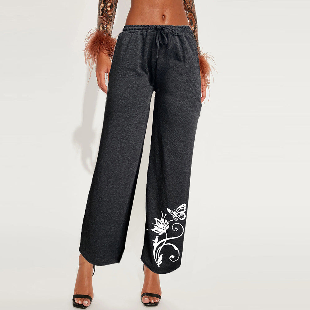 Drawstring Mid-Waist Wide Leg Casual Pants with Butterfly Floral Print