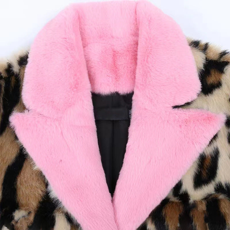Chic Leopard Print Faux Fur Crop Jacket with Pink Lapel