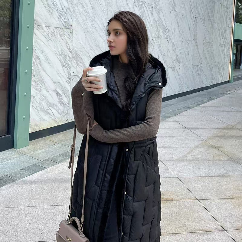 Elegant Overknee Hooded Padded Winter Vest Outerwear