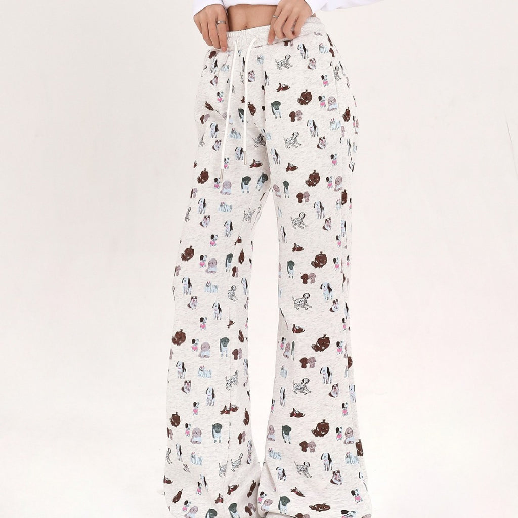 Cozy Elastic Waist Printed Cotton Sweatpants with Dog Print