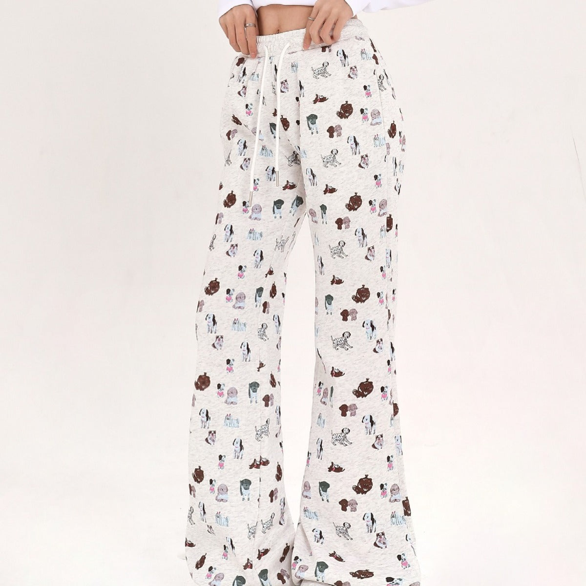 Cozy Elastic Waist Printed Cotton Sweatpants with Dog Print