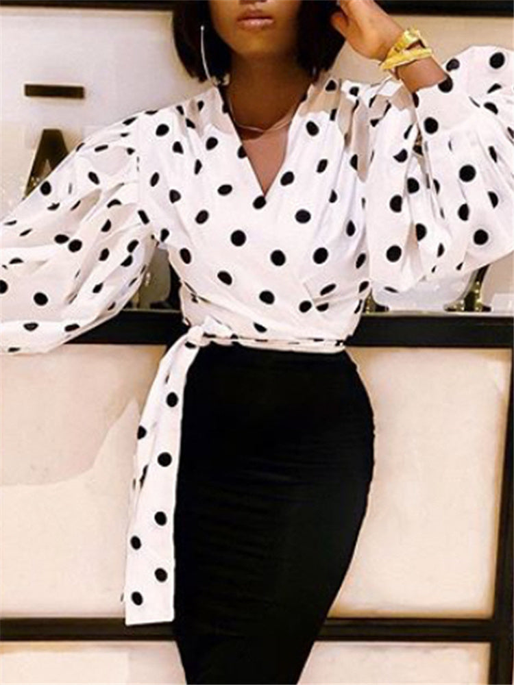 Chic Polka Dot Wrap Blouse with Puff Sleeves - Women's Long Sleeve Top