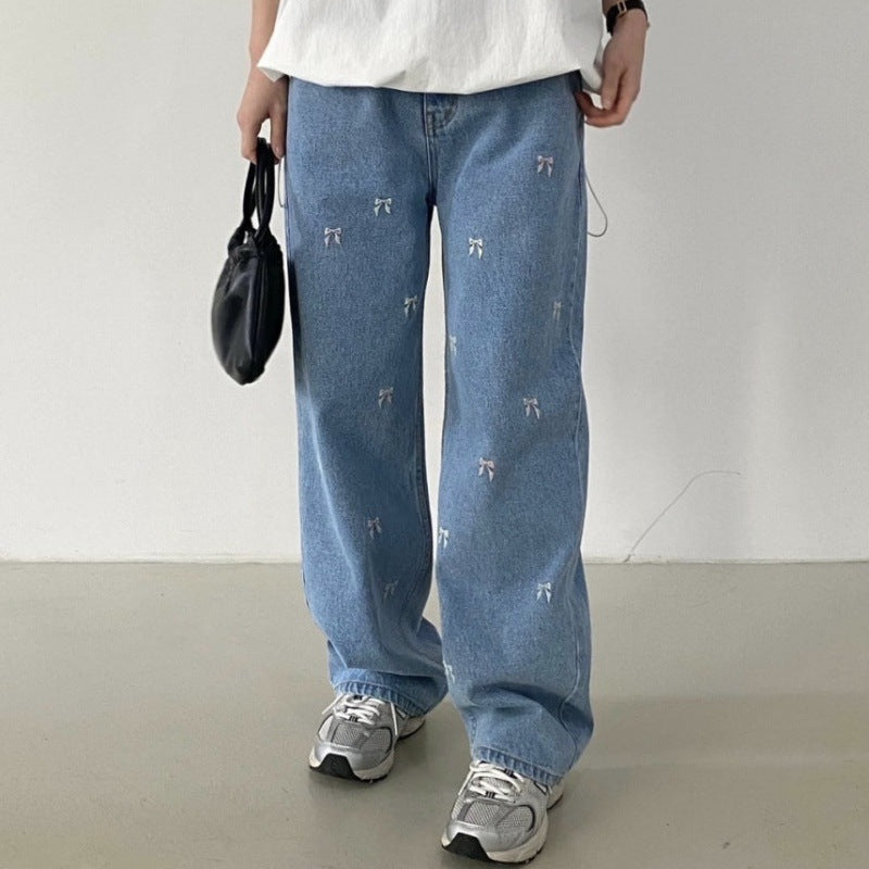 High Waist Bow Embroidered Wide Leg Jeans