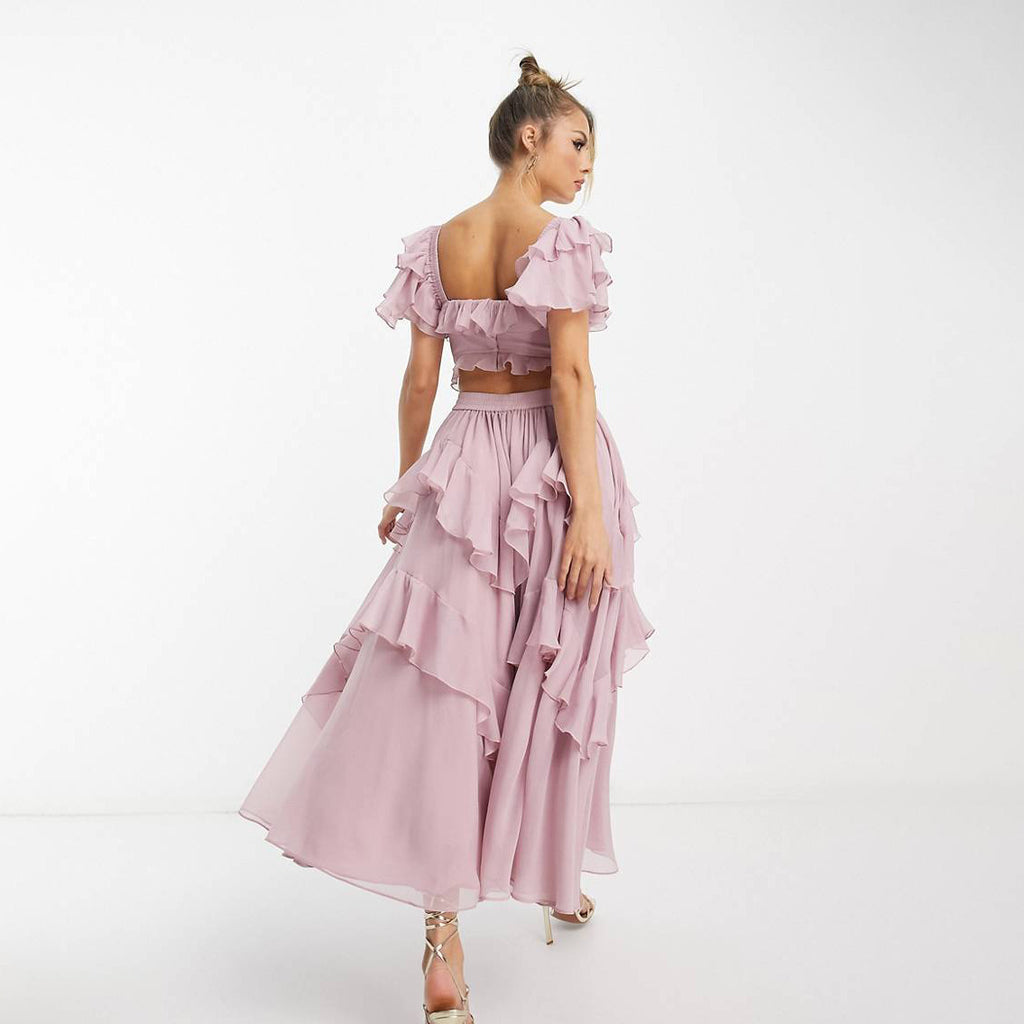 Women's Ruffled Mesh Dress - Backless Square Neck Gown