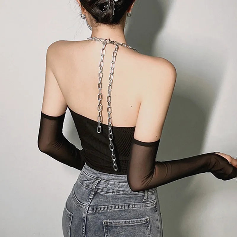 Sleek Black Chain Halter Bodysuit with Mesh Sleeves