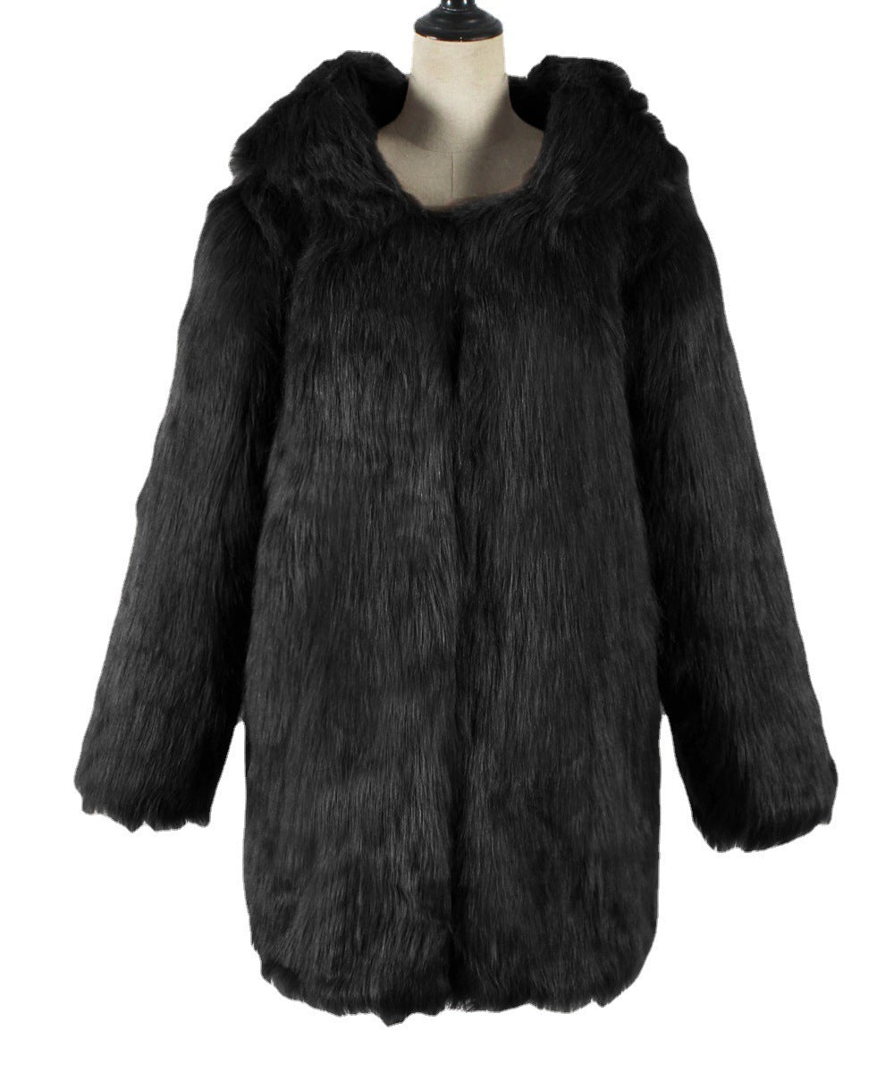 Cozy Warm Hooded Faux Fur Mid-Length Winter Coat