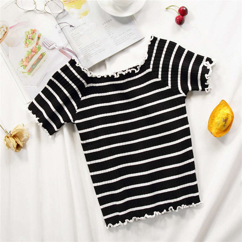Chic Striped Off-Shoulder Ribbed Knit Crop Top for Women