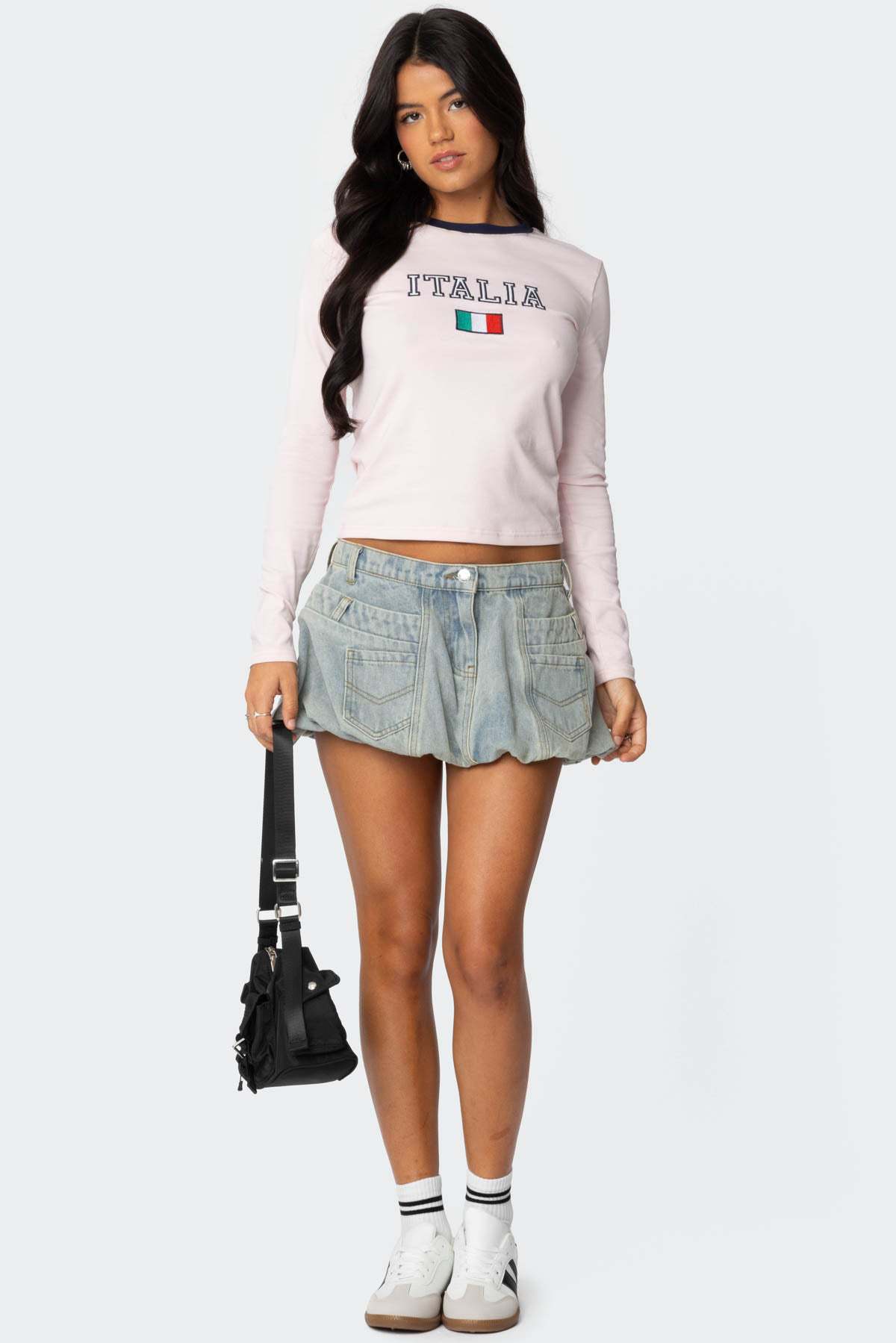 Trendy Light Blue Denim Bubble Mini Skirt with Stylish Pleats and Pockets