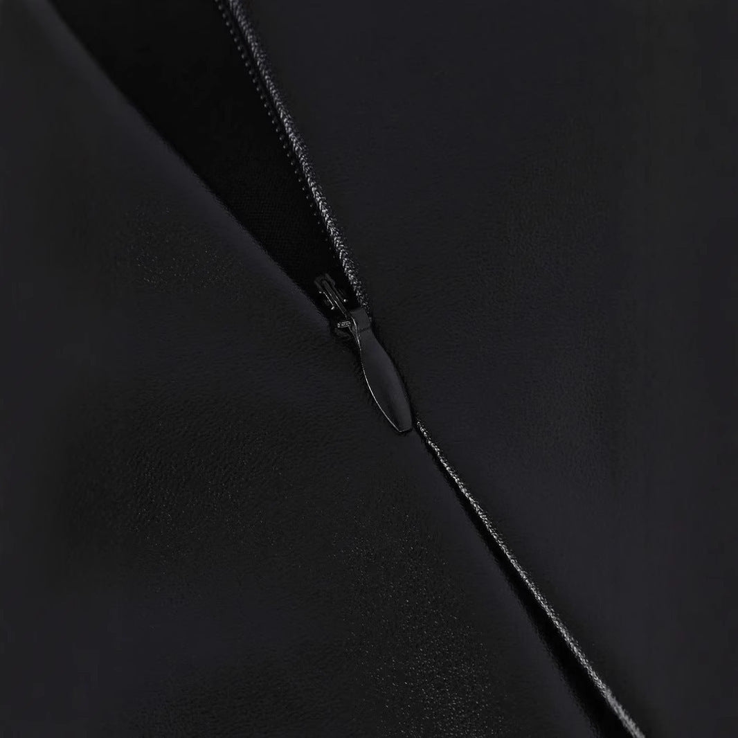 Chic High Waist Ruched Faux Leather Midi Skirt Excellent Asymmetric Hem Design