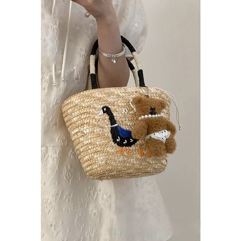 Chic Hand-Woven Straw Tote Bag with Playful Duck Embroidery