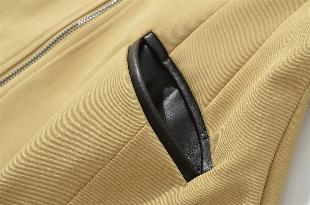 Retro Contrast Lapel Faux Leather Waist-Sculpting Biker Jacket with Zipper Detail