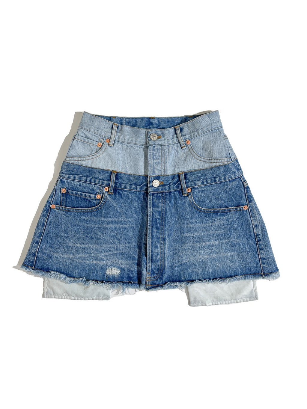 Fashionable Two Tone Denim Spliced Mini Skirt with Raw Hem