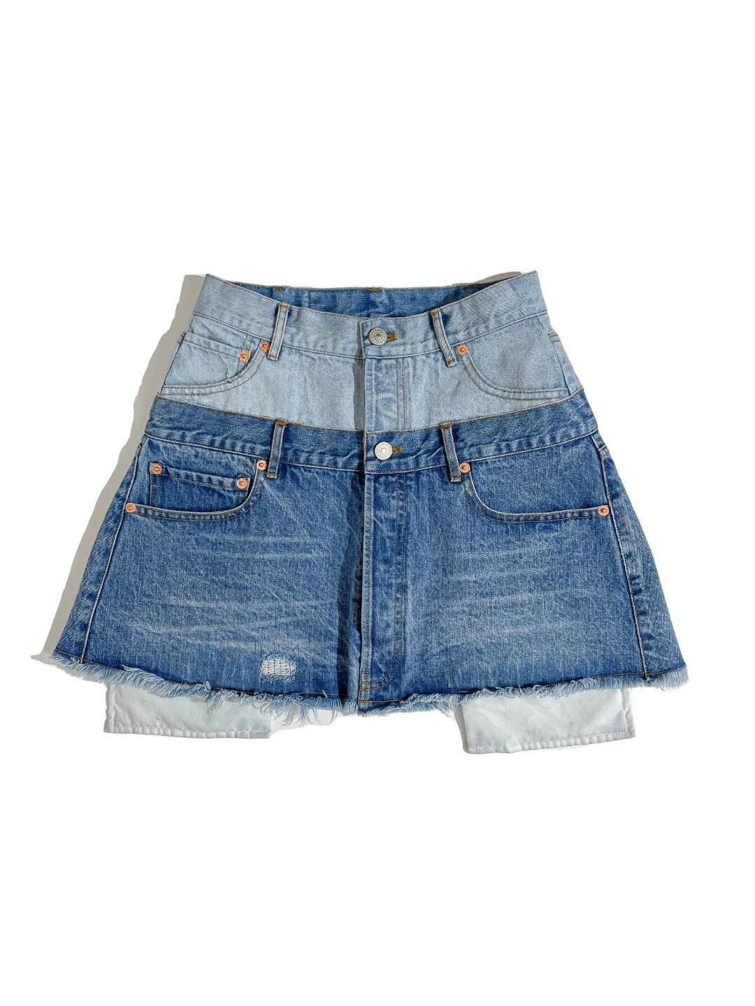 Fashionable Two Tone Denim Spliced Mini Skirt with Raw Hem