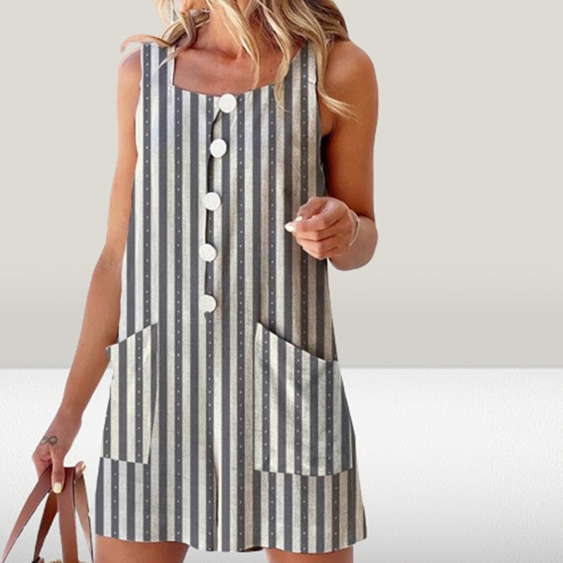 Women's Striped Button-Front Romper with Pockets