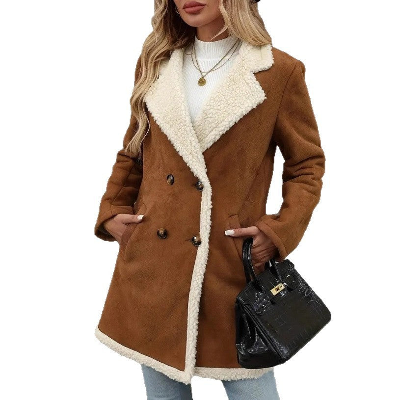 Cozy Faux Suede Sherpa Lined Double Breasted Mid Length Winter Coat