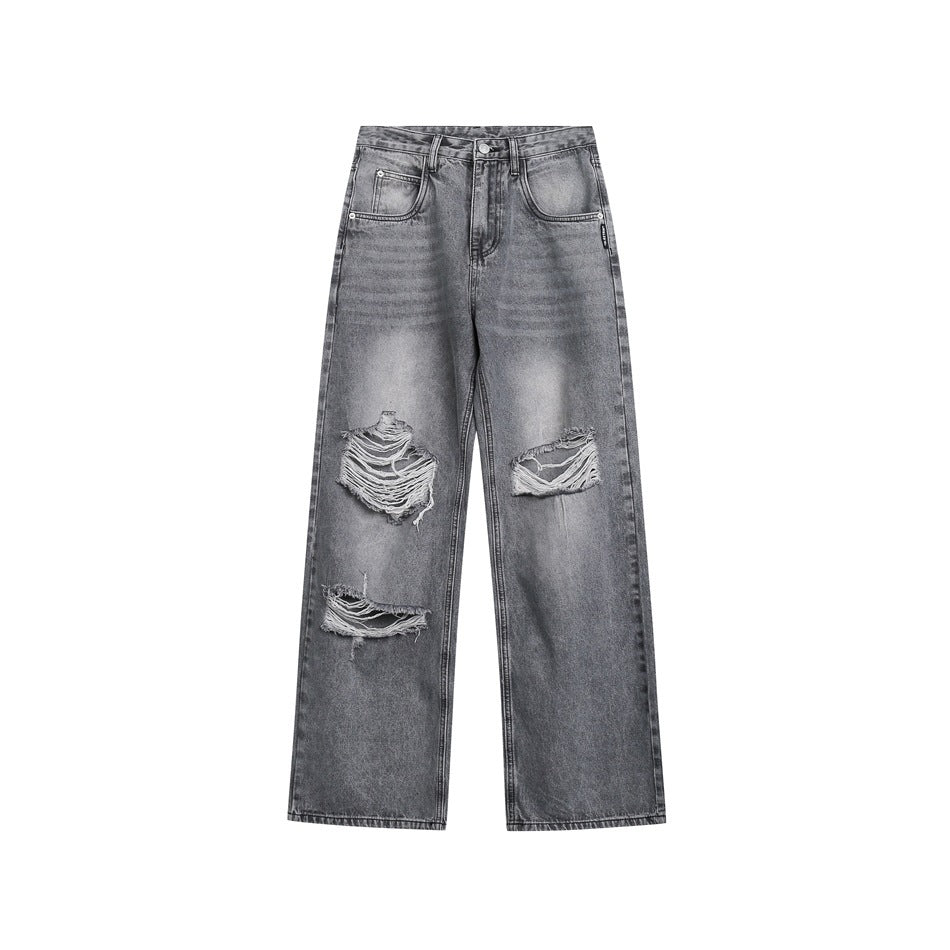 Trendy Distressed Baggy Jeans - Mid-Rise Denim