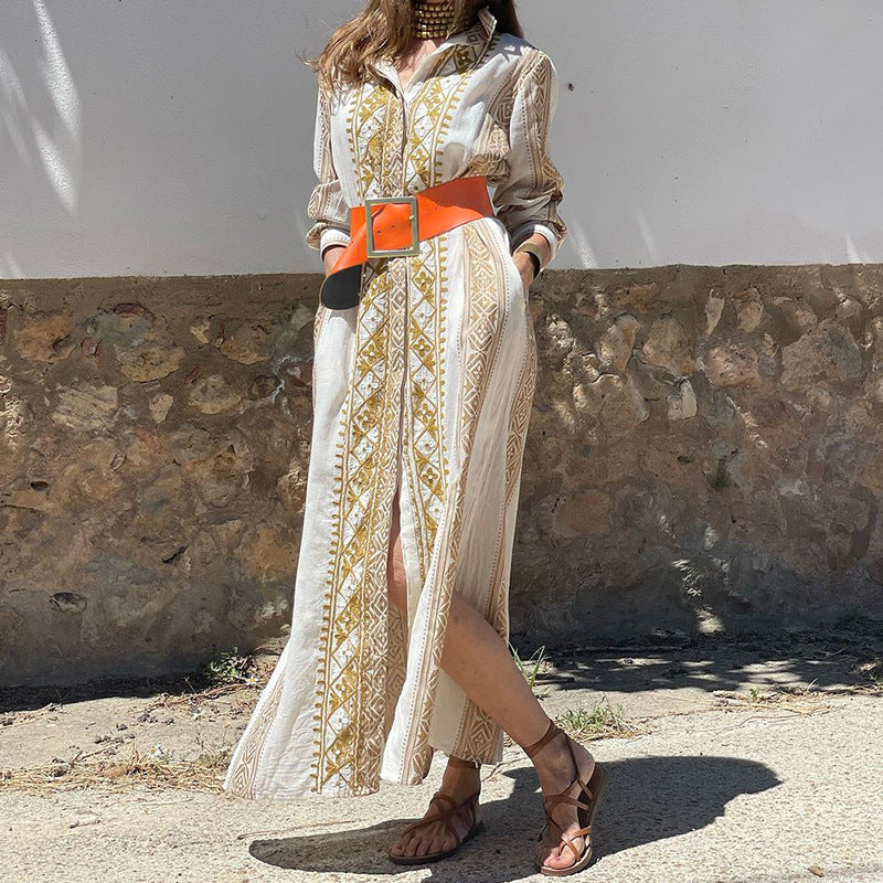 Elegant Bohemian Floral Print Long Sleeve A-Line Maxi Dress with Pockets for Effortless Style