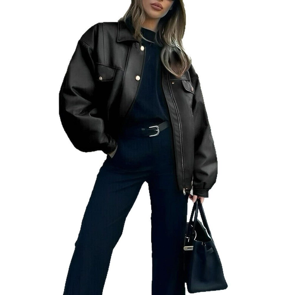 Chic Loose Fit Faux Leather Lapel Jacket Long Sleeve Motorcycle Style