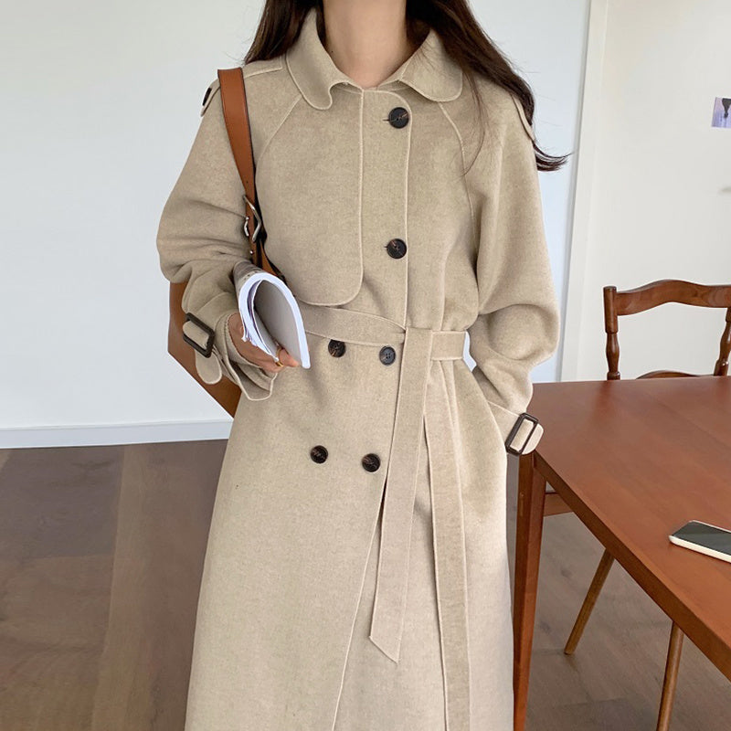 Elegant Double-Breasted Trench Coat - Classic Lapel Longline Outerwear