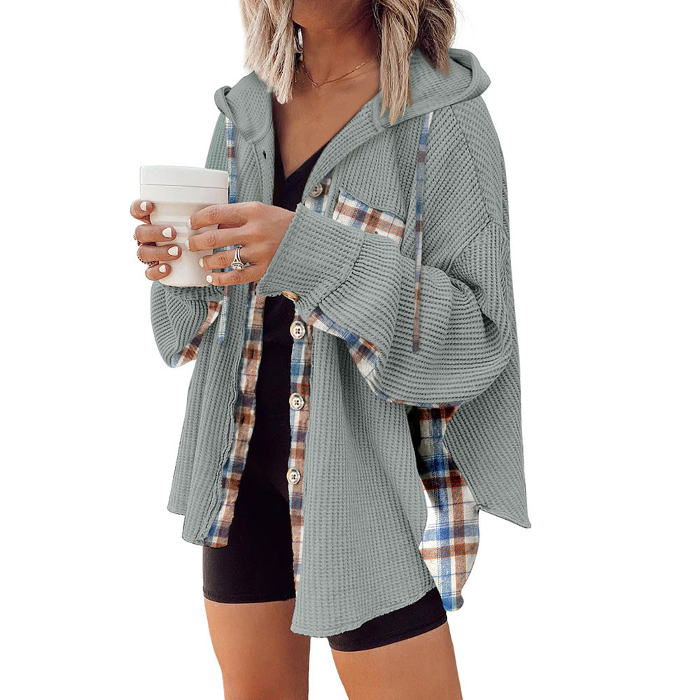 Effortless Plaid Hooded Waffle Knit Shacket for Casual Style