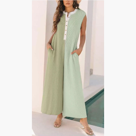 Comfortable Sleeveless Wide Leg Color Block Jumpsuit for Casual Everyday Wear
