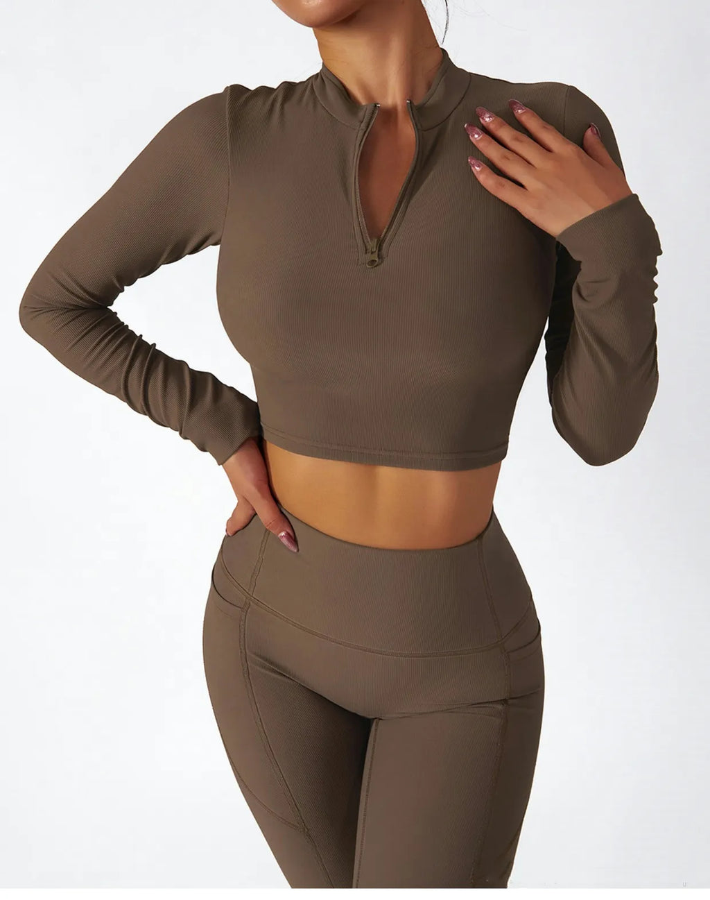 Comfortable Ribbed Long Sleeve Activewear Set with High Waist Leggings for Yoga and Training