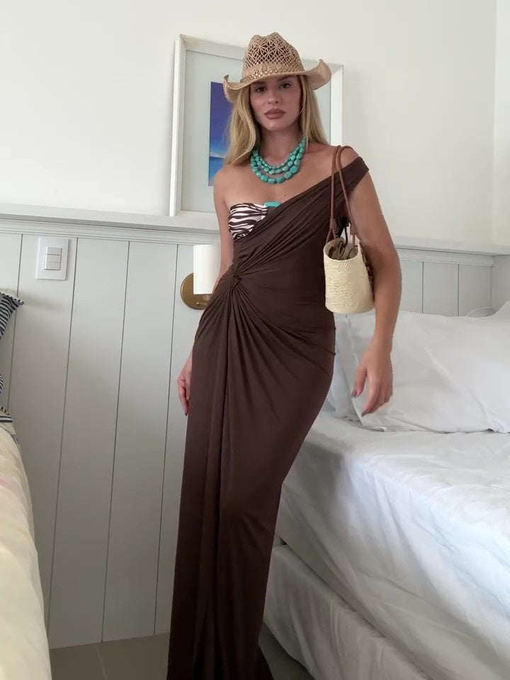 Elegant Off-Shoulder Twist Slit Maxi Dress - Vacation Ready