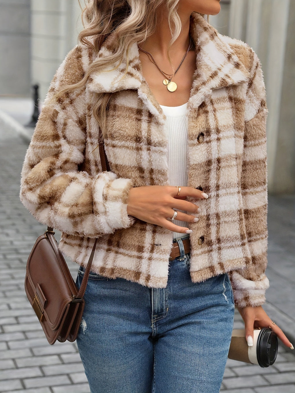 Cozy Plaid Plush Button Up Long Sleeve Cardigan Jacket