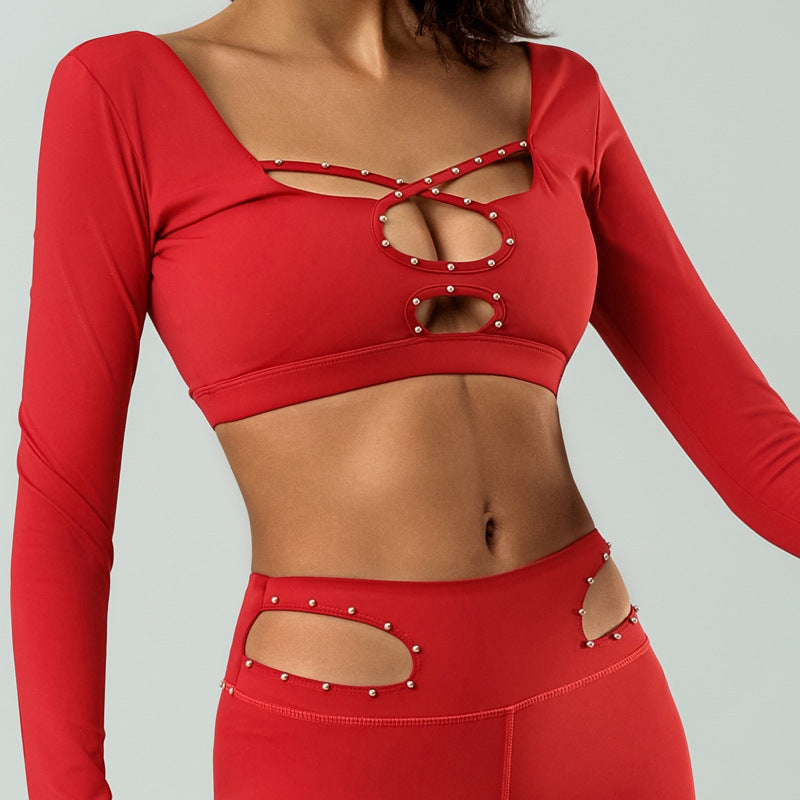 Athletic Long Sleeve Crop Top with Built In Chest Pad and Stylish Studded Cutout Design