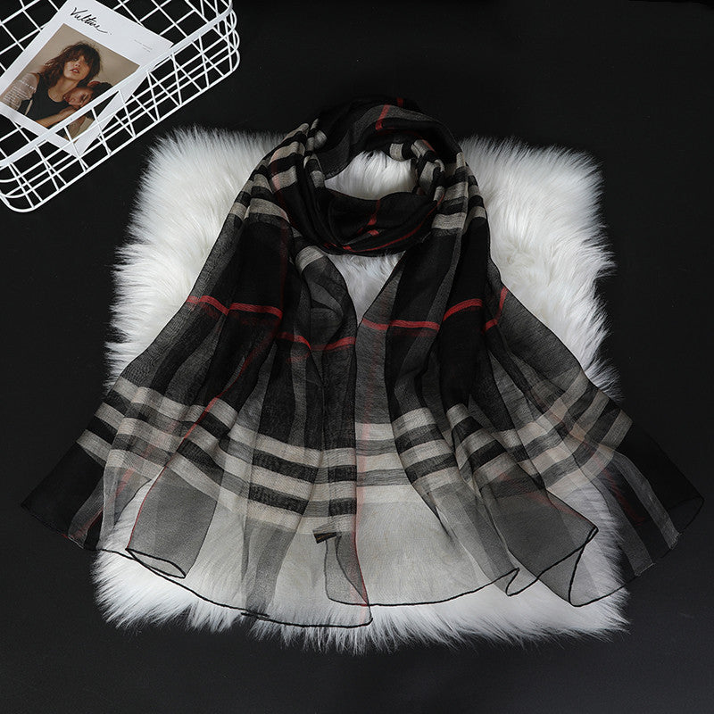 Classic Plaid Silk Scarf for Women - Versatile Style