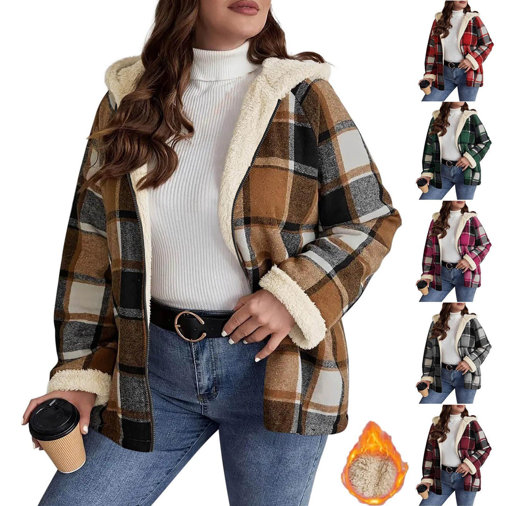 Cozy Plaid Fleece Lined Hooded Jacket Warm Checkered Outerwear for Everyday Comfort