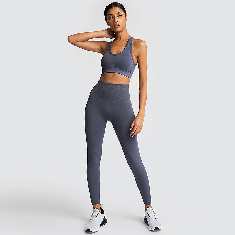 Seamless Ribbed Athletic Sports Bra and High Waist Leggings Set for Women