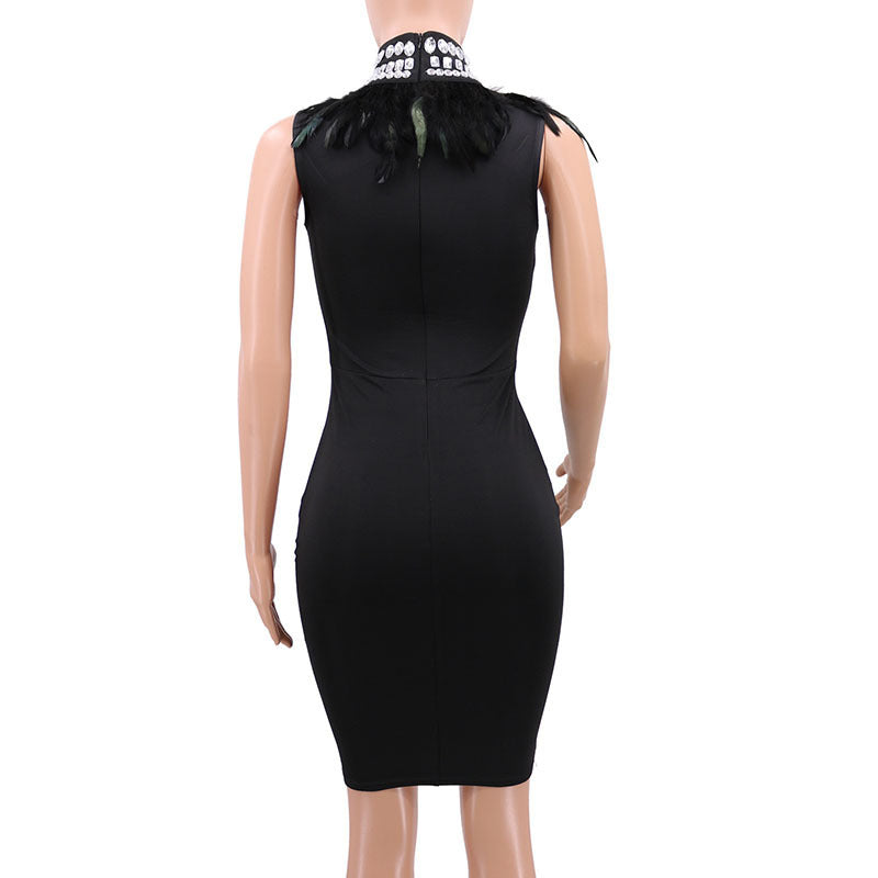 Elegant Beaded Feather Trim Bodycon Midi Evening Dress