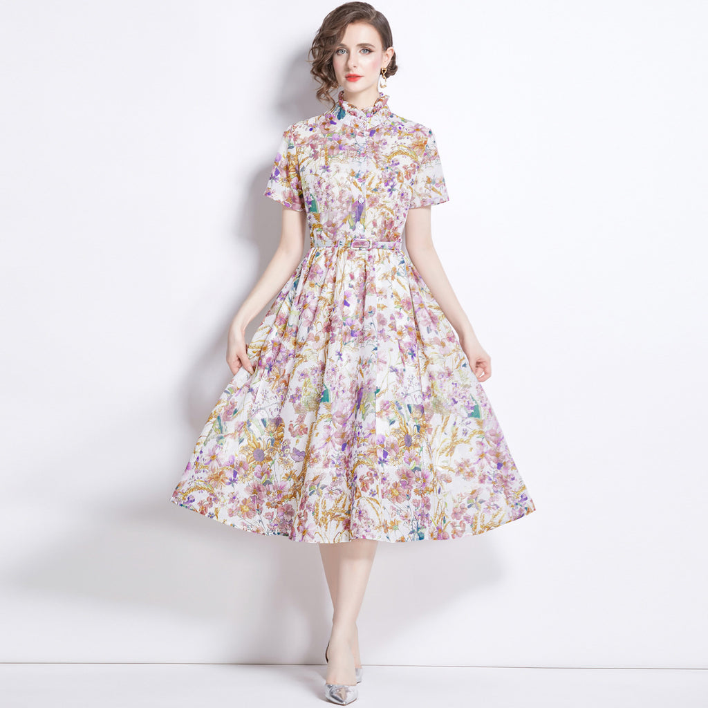 Elegant Floral Print Swing Midi Dress with a Refined Stand Collar and Belt