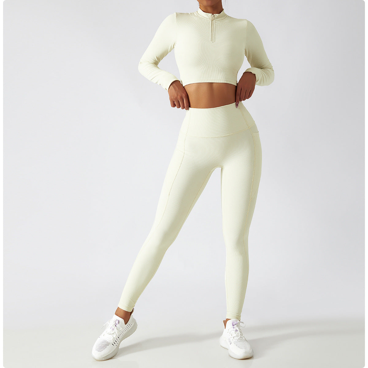 Comfortable Ribbed Long Sleeve Activewear Set with High Waist Leggings for Yoga and Training