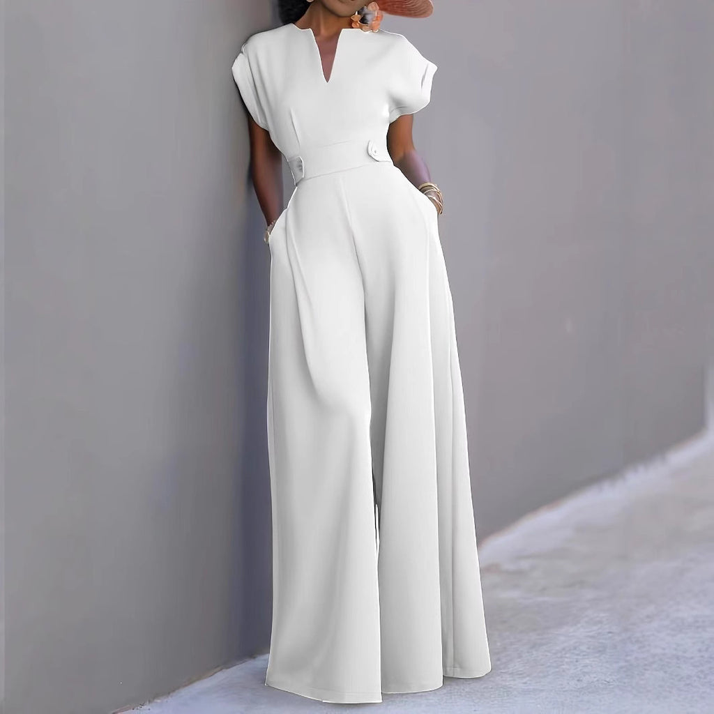 Elegant V-Neck Wide-Leg Belted Jumpsuit with Pockets
