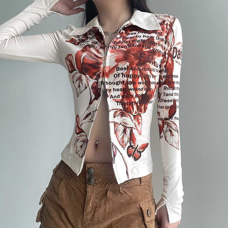 Street Hipster Graphic Print Long Sleeve Slim Fit Polo Collar Zipper Crop Top