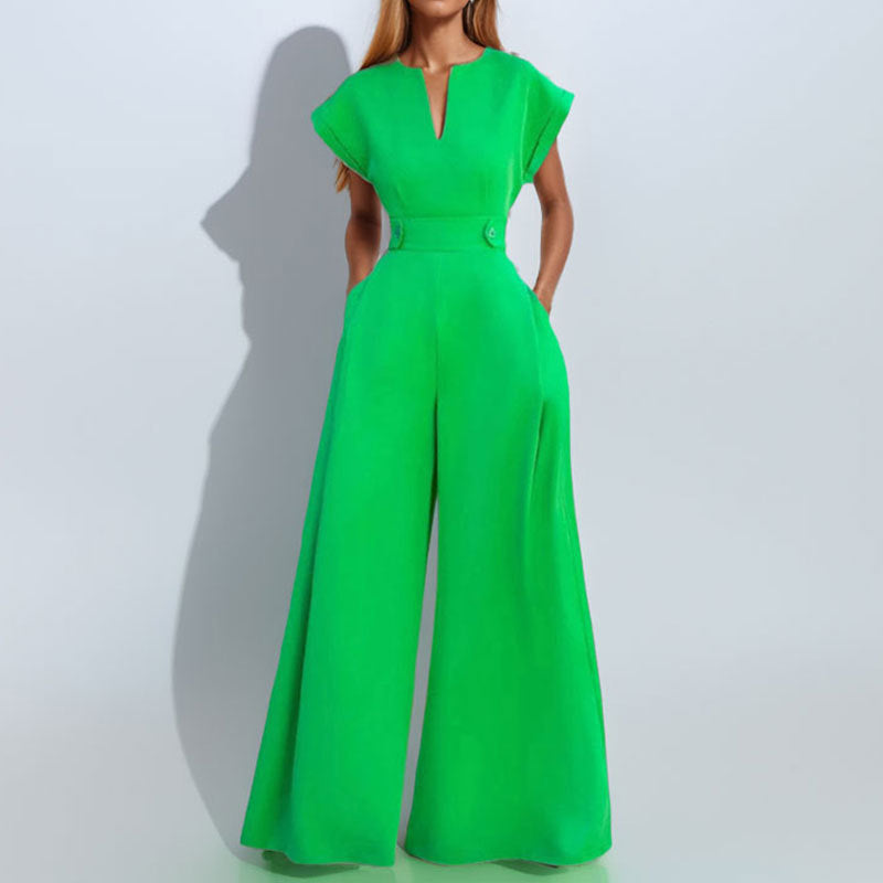 Elegant V-Neck Wide-Leg Belted Jumpsuit with Pockets
