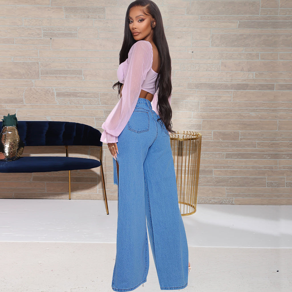Sloane Ripped Slit Hem Wide-Leg Jeans