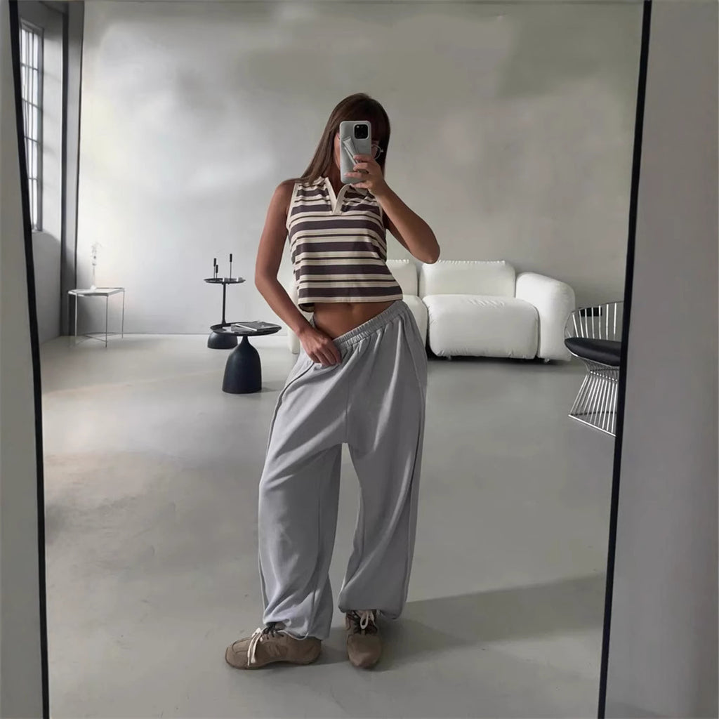 Effortless Street Style Wide Leg Elastic Waist Joggers for Women