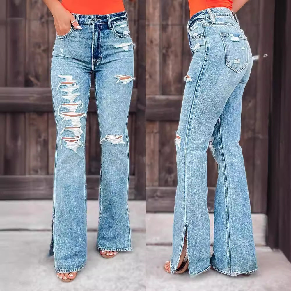 Trendy High Waist Ripped Split Hem Flare Jeans
