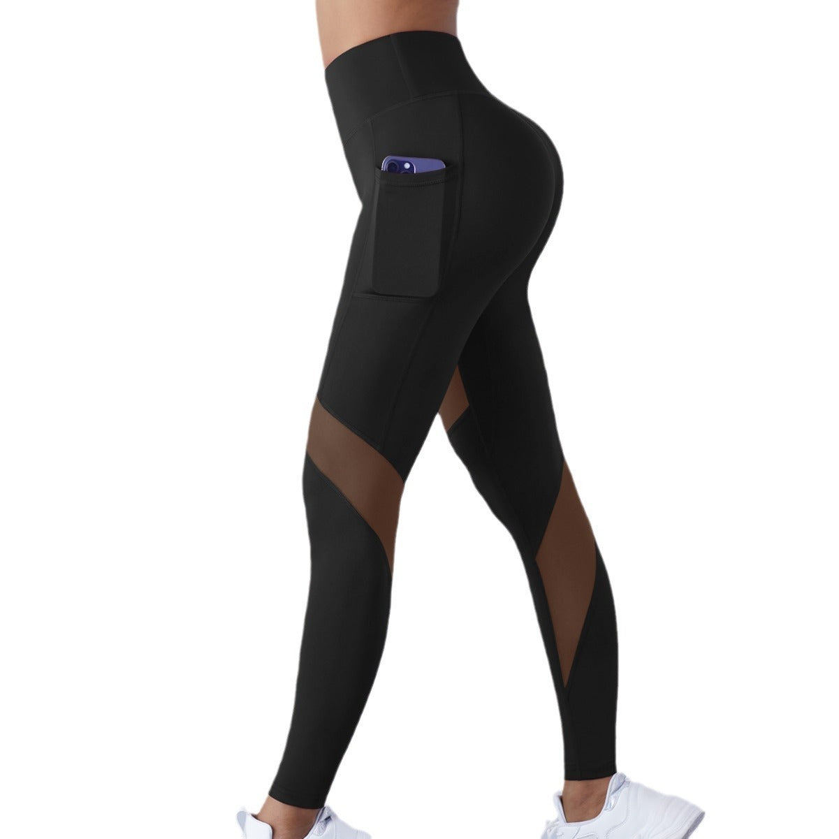 High Waist Mesh Panel Cropped Active Leggings with Side Pocket
