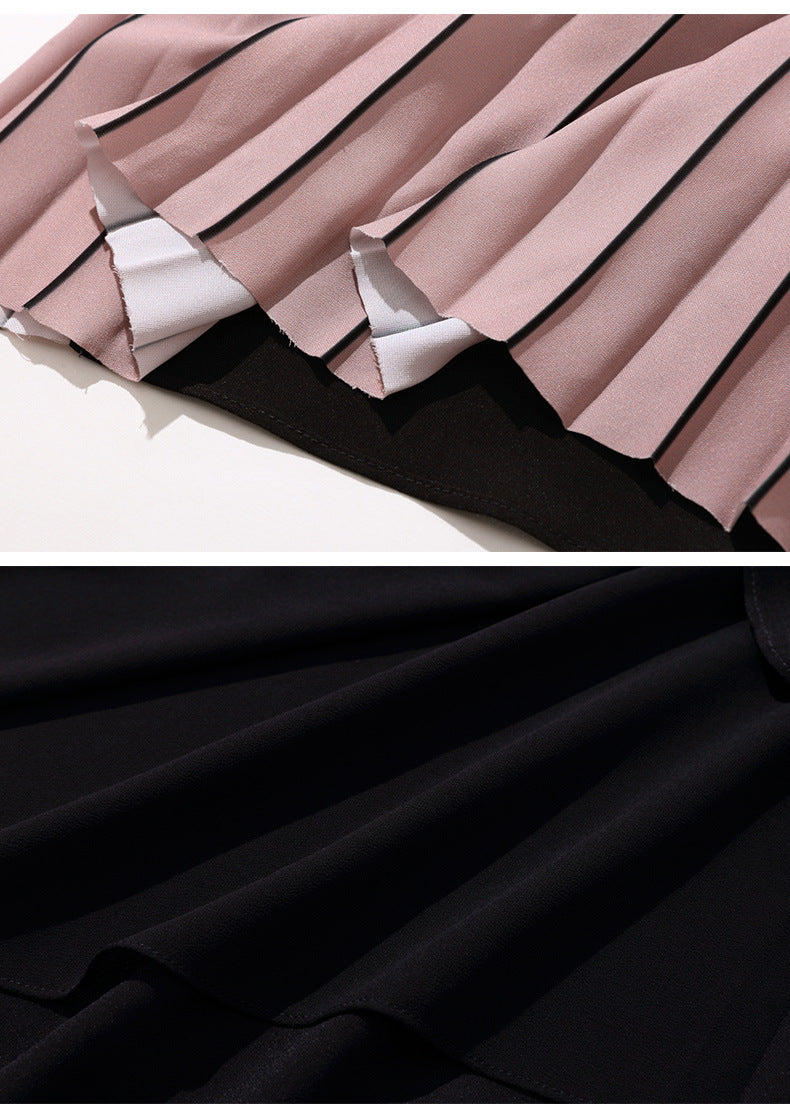 Elegant Gradient Pleated V-Neck Black Dress with Short Sleeves
