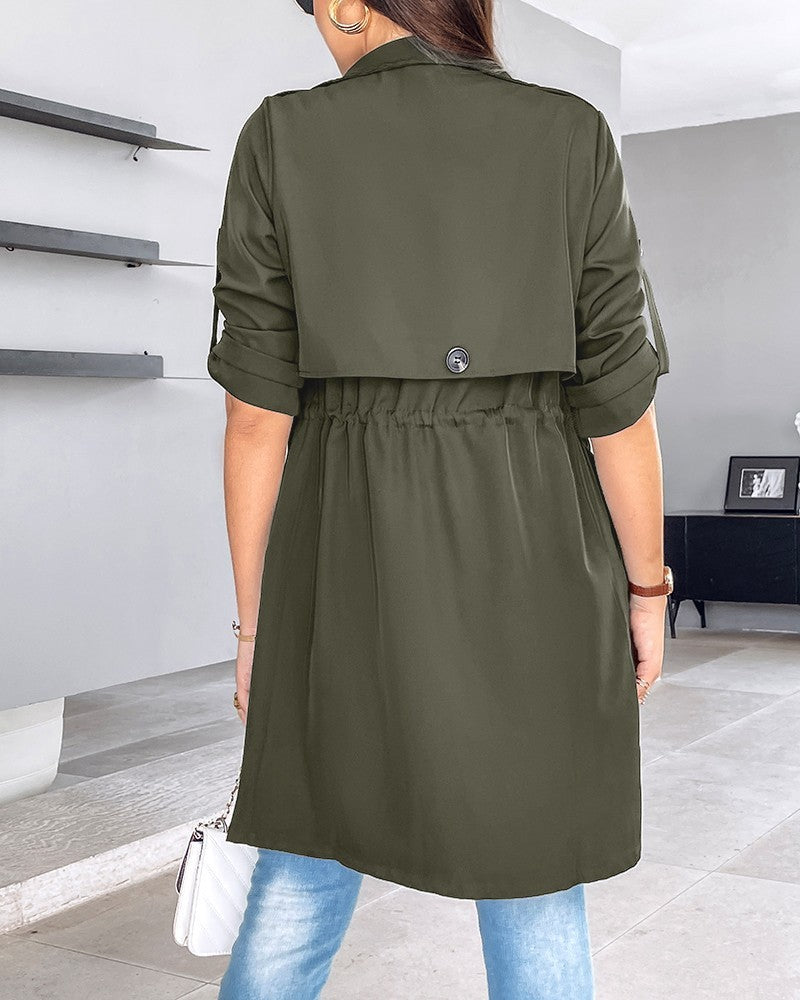 Women's Loose Linen Trench Coat with Rolled Sleeves - Mid-length