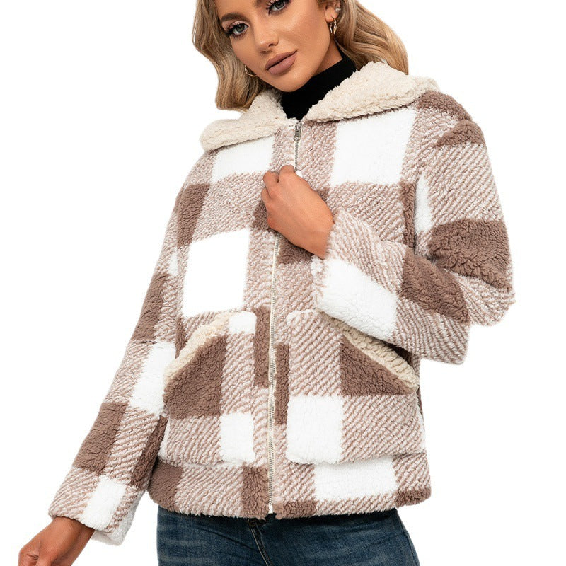 Cozy Plaid Checkered Fleece Zip-Up Jacket with Plush Lapel and Pockets